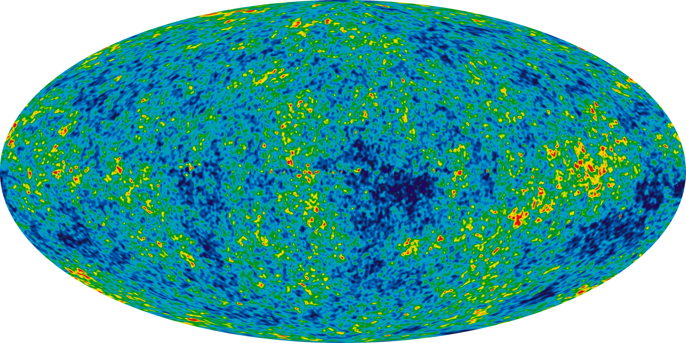 Blue, green, yellow and red temperature variations across an oval full-sky map.